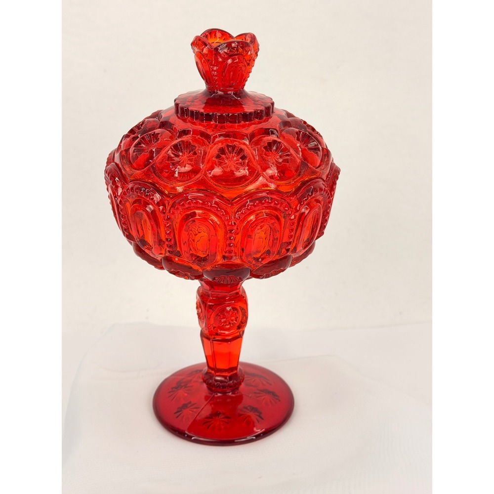 L.E. Smith Moon & Star Amberina Glass 9" Covered Compote Candy Dish UV Glow
